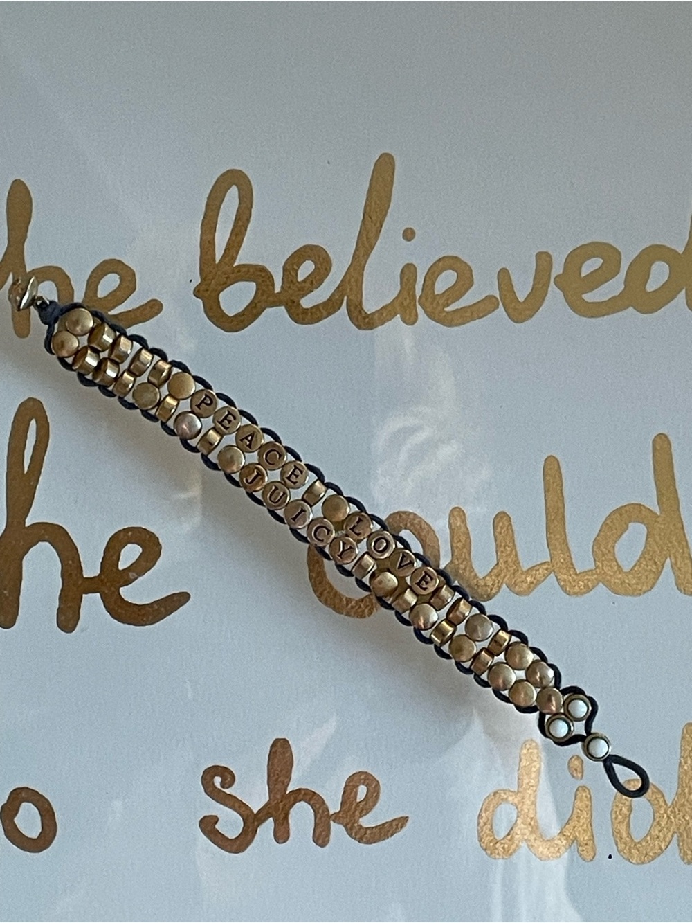 Juicy Couture Y2K Gold-Tone Flip Bead Bracelet with 'PEACE LOVE JUICY’ Lettering